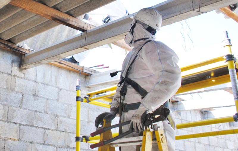 Asbestos worker on ladder horizontal