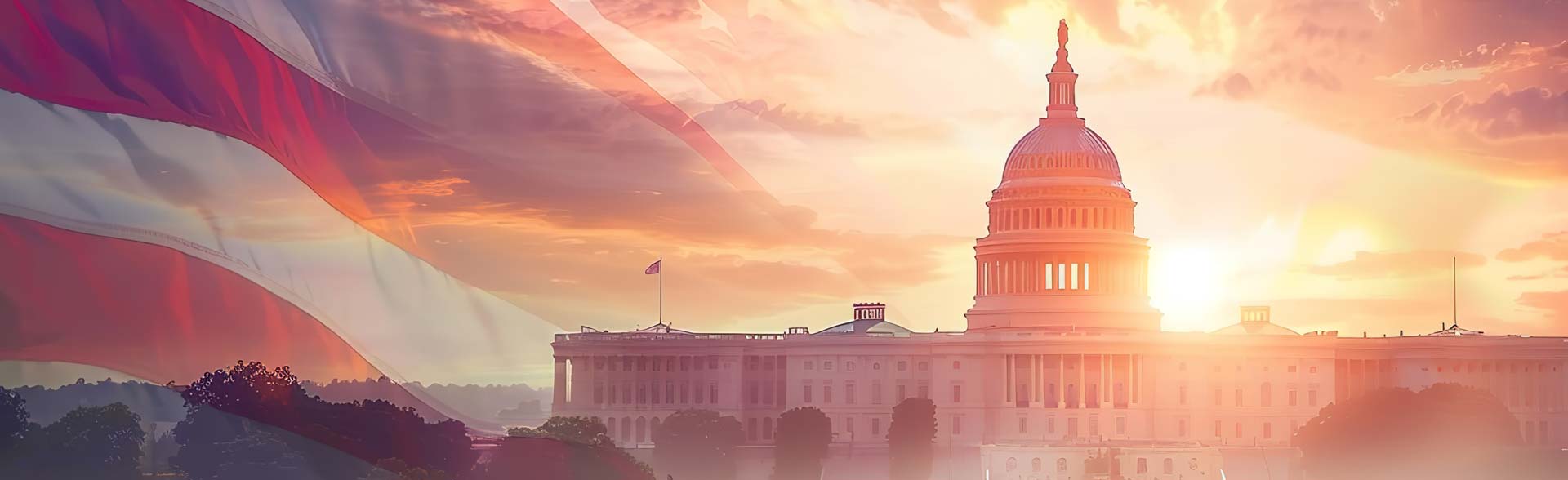 US capitol building with American flag sunset