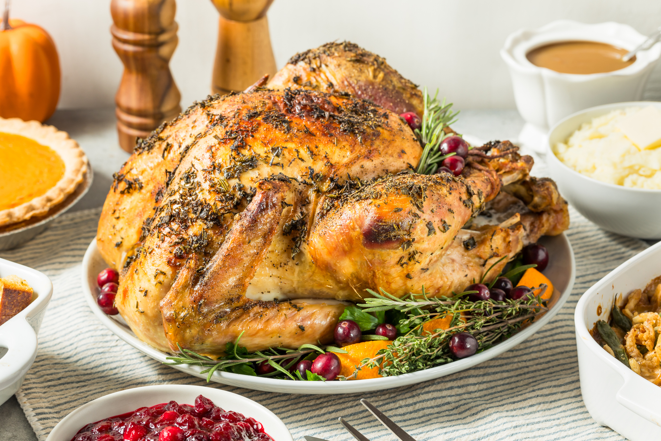 Homemade Thanksgiving Turkey Dinner with Stuffing Beans and Pumpkin Pie